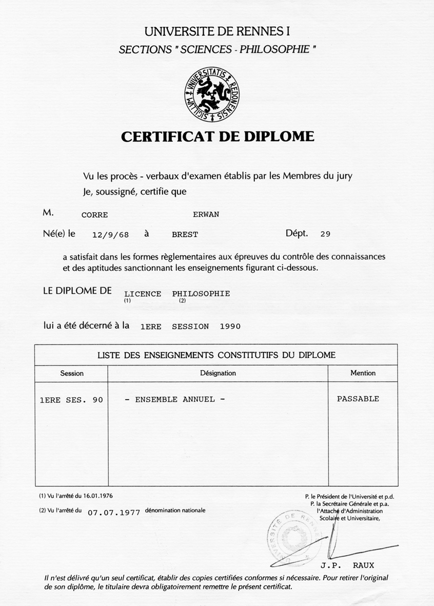 Erwan Corre - Licence de  Philosophie - Université de Rennes I - 1990